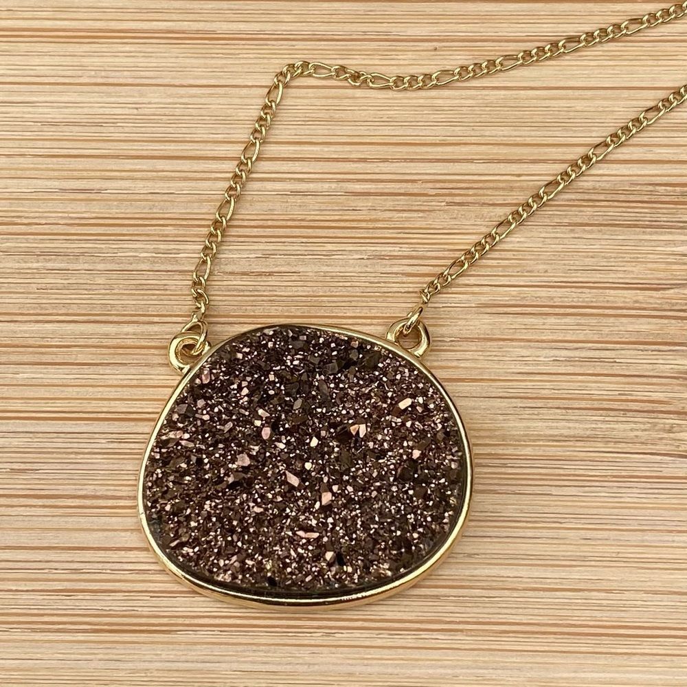 Marcia Moran Brown Sparkly Druzy & Gold Chain Pendant Necklace. Nwot